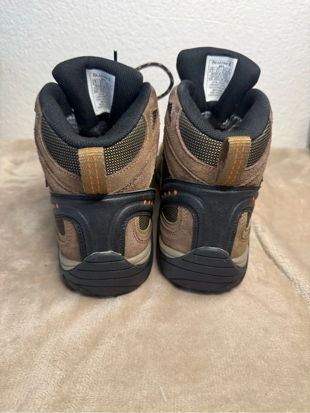 BearPaw Men's Brown and Black Waterproof Hiking Boots with Orange Accents